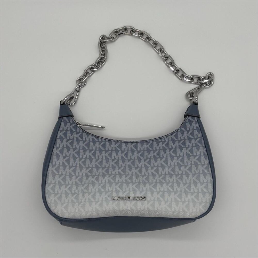 Michael Kors Women’s Blue/Gray Monogram Small Shoulder Bag Silver Chain Zip